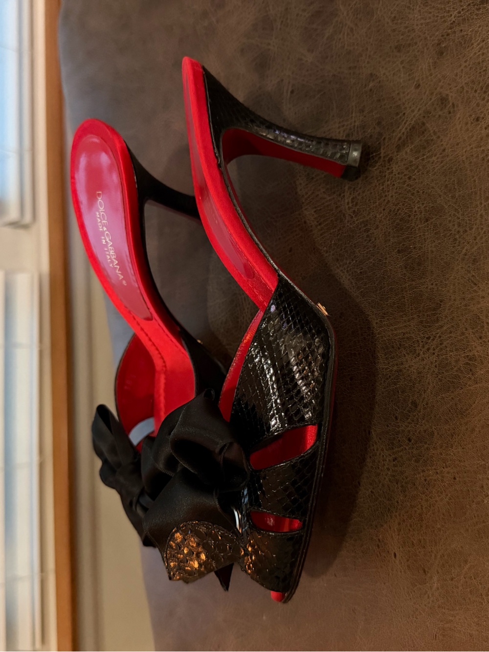Dolce & Gabbana Black Satin Bow Mules with Red Insoles